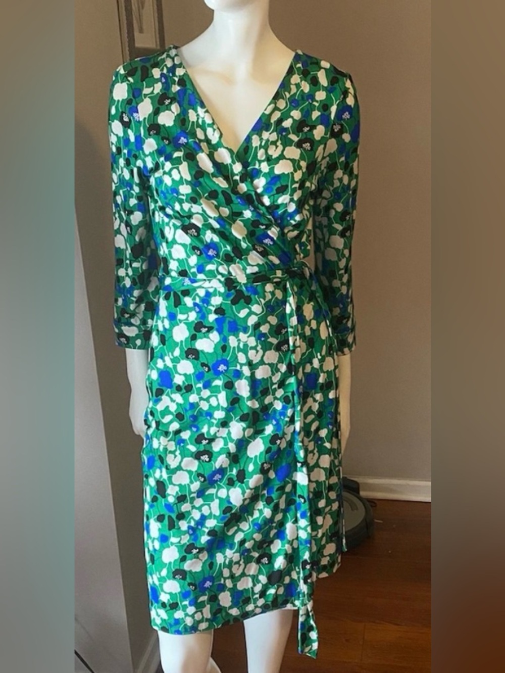 Diane Von Furstenberg Green Floral Julian Wrap Silk Dress with Blue & White